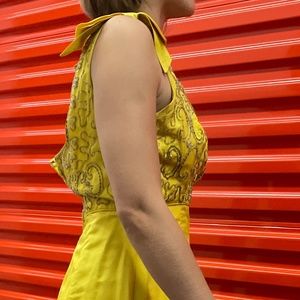 1965 Yellow Satin Beaded Evening Gown